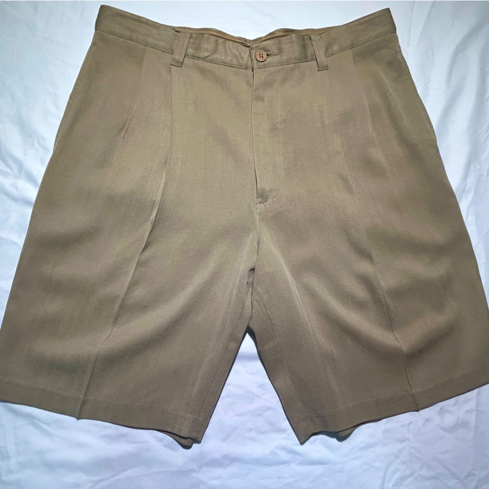 Jamaica Jaxx 100% Silk Brown/Tan Pleated Dress Shorts - 34 Waist